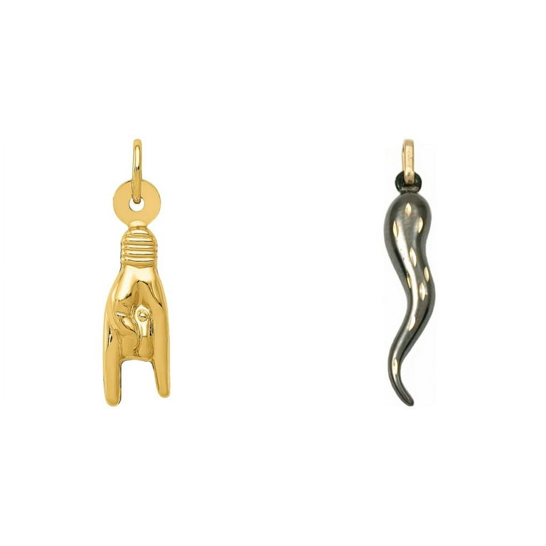 14k sold Yellow Gold Italian Horn & Good Luck Hand/Sign Language Charms