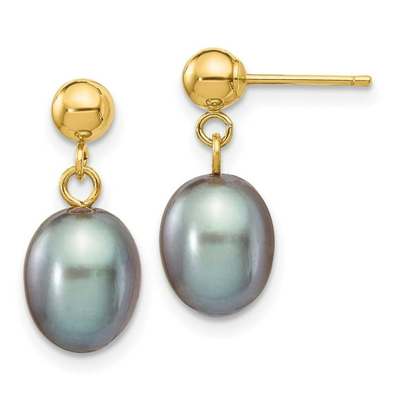 14k Yellow Gold Gray Rice Freshwater Cultured Pearl Dangle Post Earrings Fine Jewelry For Women Gifts For Her (7-8mm)