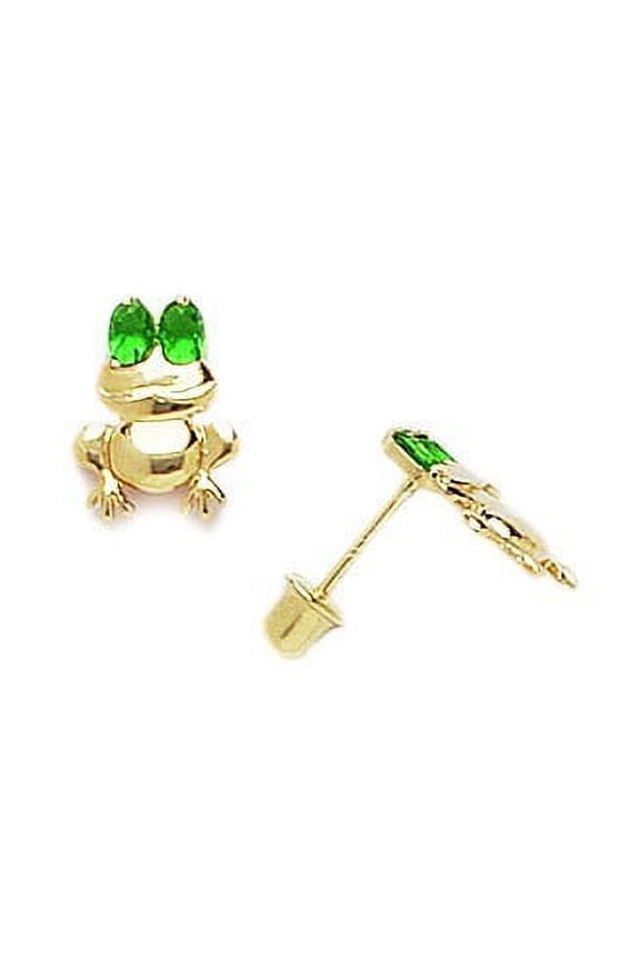 14k Yellow Gold Green Cubic Zirconia Frog Shaped Screw-Back Earrings - Measures 10x7mm