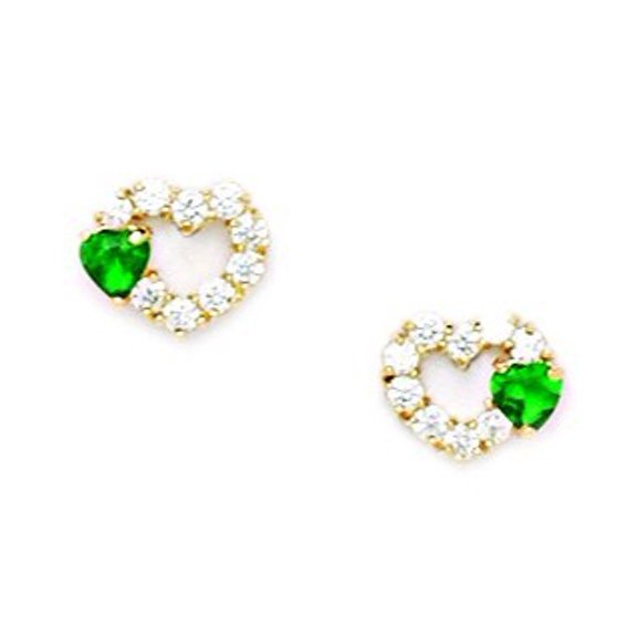 14k Yellow Gold Green Cubic Zirconia Heart Screw-Back Earrings - Measures 7x8mm