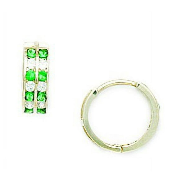 14k Yellow Gold Green Cubic Zirconia Hoop Hinged Earrings - Measures 11x12mm