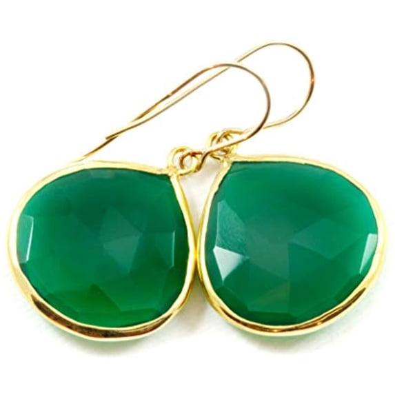 14k Yellow Gold Green Faceted Onyx Earrings Rounded Wide Large Goldtone Bezel Set Classic Dangles, 1.5" Designed for Adult Women and s