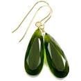 thumbnail image 1 of 14k Yellow Gold Green Olive Simulated Quartz Earrings Faceted Teardrops Simple Dangle Drops 1.7" Designed for Adult Women, 1 of 5
