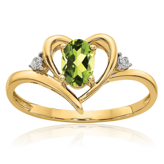 14K Solid Yellow Gold Green Peridot Diamond Heart Ring Love Band August Birthstone Jewelry