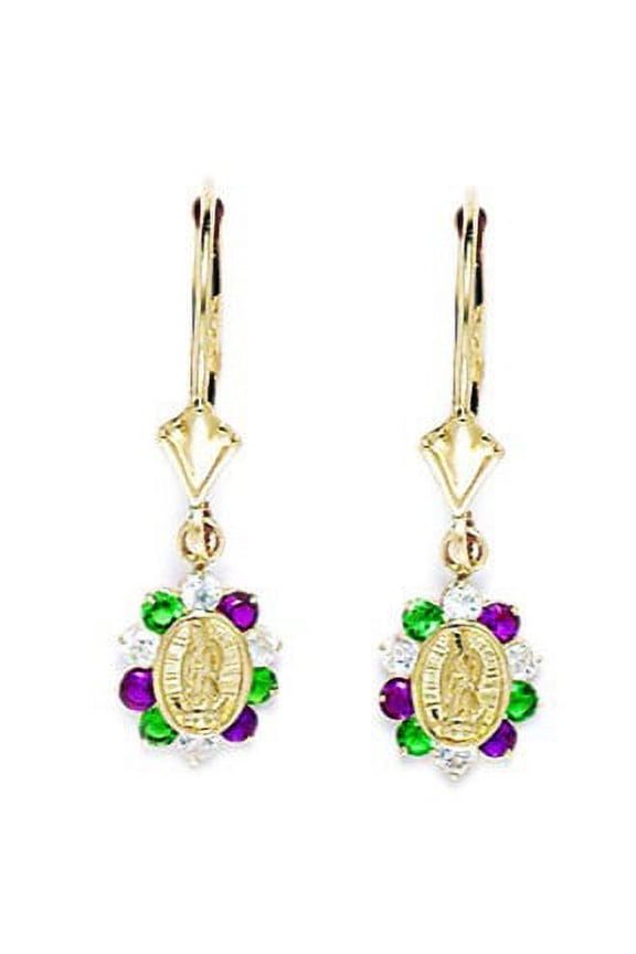 14k Yellow Gold Green and Red CZ Small Virgin Mary Drop Leverback Earrings - Measures 26x8mm