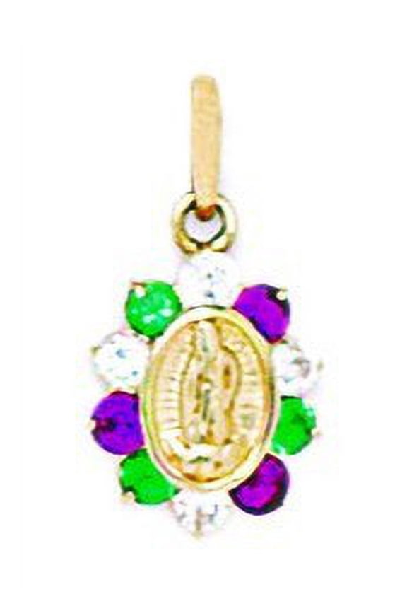 14k Yellow Gold Green and Red Cubic Zirconia Small Virgin Mary Pendant - Measures 17x9mm