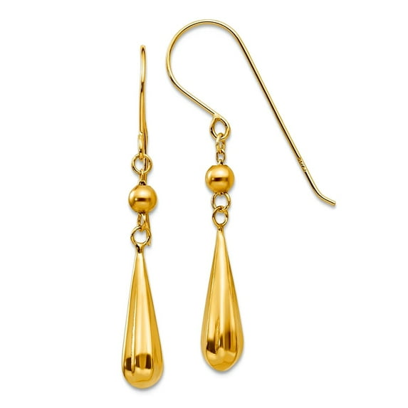 14k Yellow Gold Hollow Textured Polished Shepherd hook Grooved Puffed Teardrop Shepard Hook Earrings 37x5mm Wide Dangle