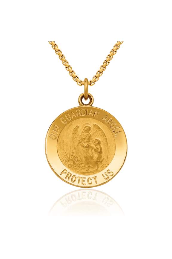14K Solid Yellow Gold Guardian Angel Wings Medal Necklace Protect Us Cherub Pendant Religious Charm
