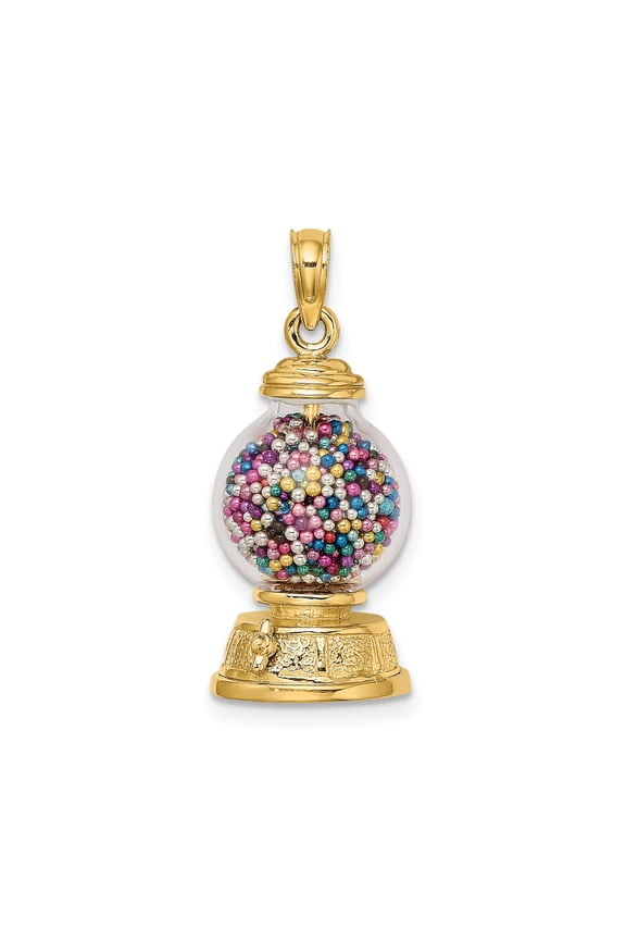 14k Yellow Gold Gumball Machine Pendant with Multicolor Beads and Clear Globe for Women or Unisex, Retro Whimsical Charm for Necklace or Bracelet, Candy Style Jewelry