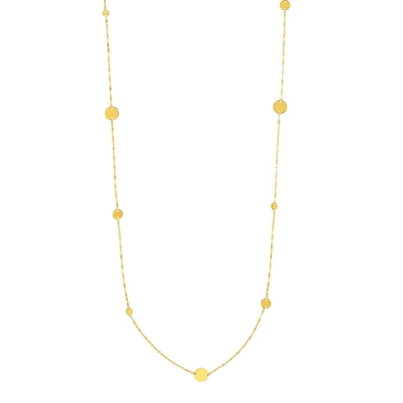 14k Yellow Gold Hammered Forzentina and Disc Stations Necklace 36 Inch Pendant Necklace for Women