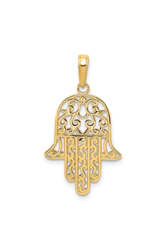 14k Yellow Gold Hamsa Hand Pendant with Filigree Design for Women, Spiritual Amulet Necklace Symbolizing Protection, Fortune, and Luck, Middle Eastern Cultural Jewelry