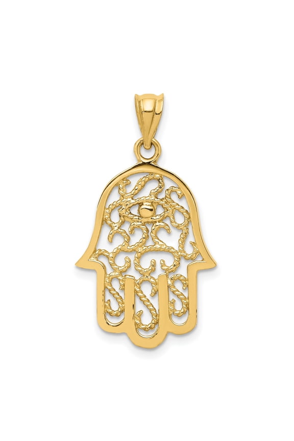 14k Yellow Gold Hamsa Hand Pendant with Filigree Evil Eye Design, Protective Amulet Necklace for Women, Spiritual Jewelry Symbolizing Strength and Luck, Middle Eastern and Religious Style