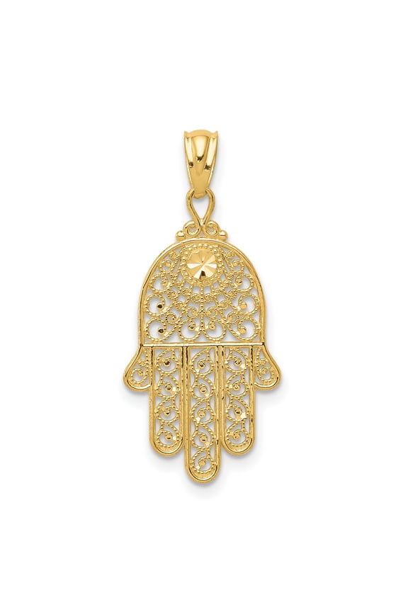 14k Yellow Gold Hamsa Hand Pendant with Filigree Sunburst Design for Men and Women, Spiritual Middle Eastern Amulet, Protective Religious Symbol Necklace Charm