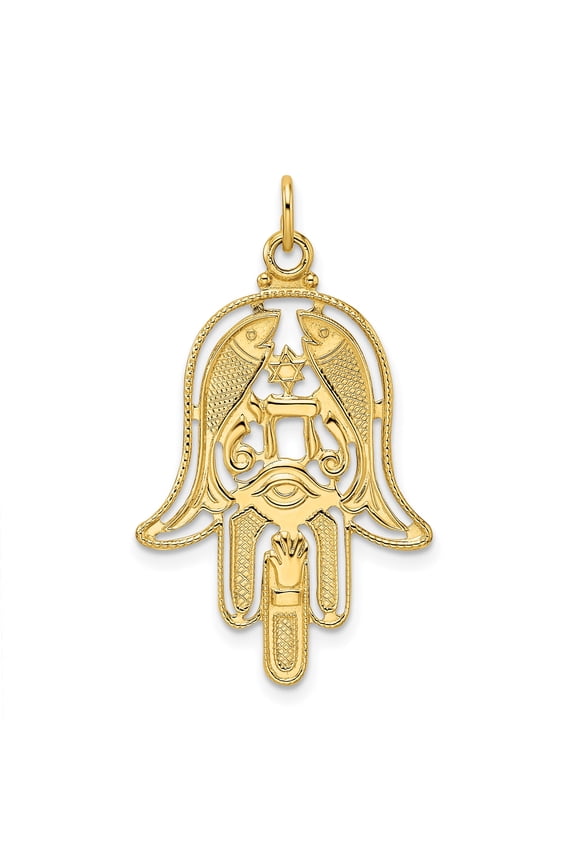 14k Yellow Gold Hamsa Necklace with Chai Symbol, Star of David, Evil Eye and Fish Design, Jewish Judaica Amulet Pendant for Women or Unisex Spiritual Protection Jewelry