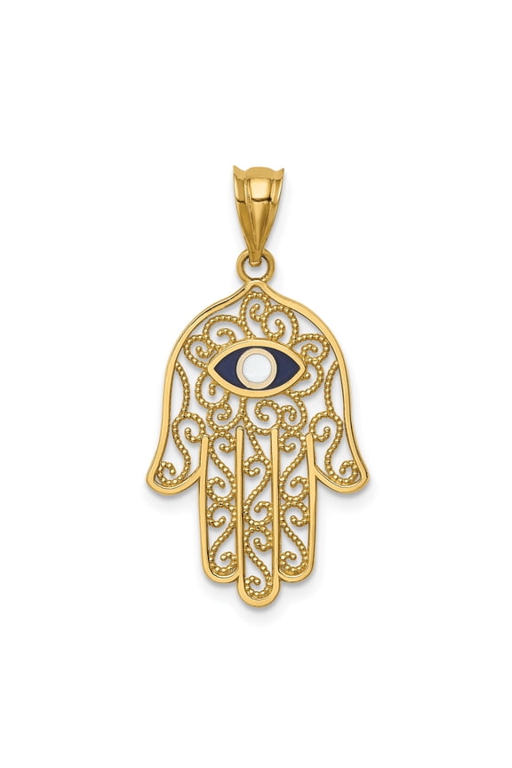 14k Yellow Gold Hamsa Pendant with Blue Evil Eye, Intricate Scroll Design, Spiritual Protection Amulet for Women or Unisex, Symbolic Luck Defense Jewelry