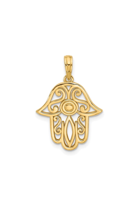 14k Yellow Gold Hamsa Pendant for Women with Filigree Design, Spiritual Protection Amulet, Middle Eastern Religious Symbol, Faith Jewelry Necklace Charm