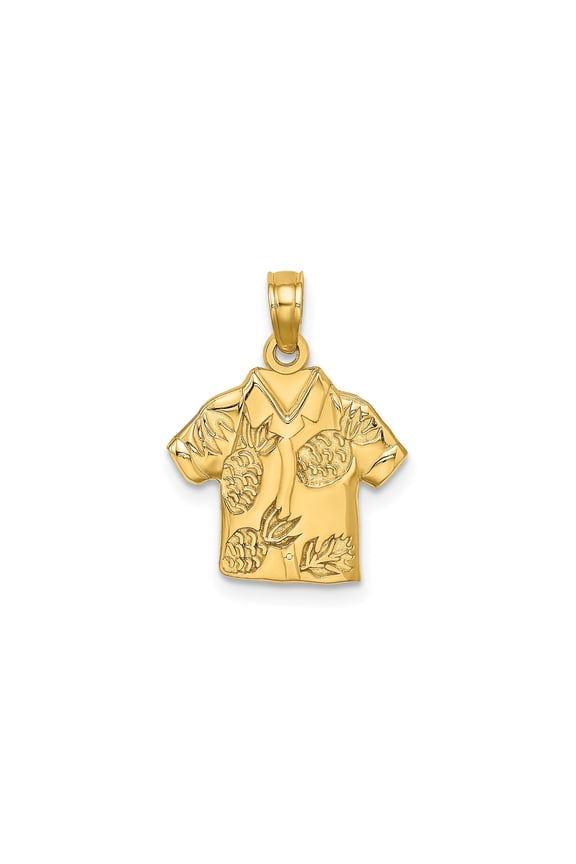 14k Yellow Gold Hawaiian Shirt Pendant with Pineapple and Leaf Engraving, Tropical Island Charm for Men or Unisex Travel Style Jewelry