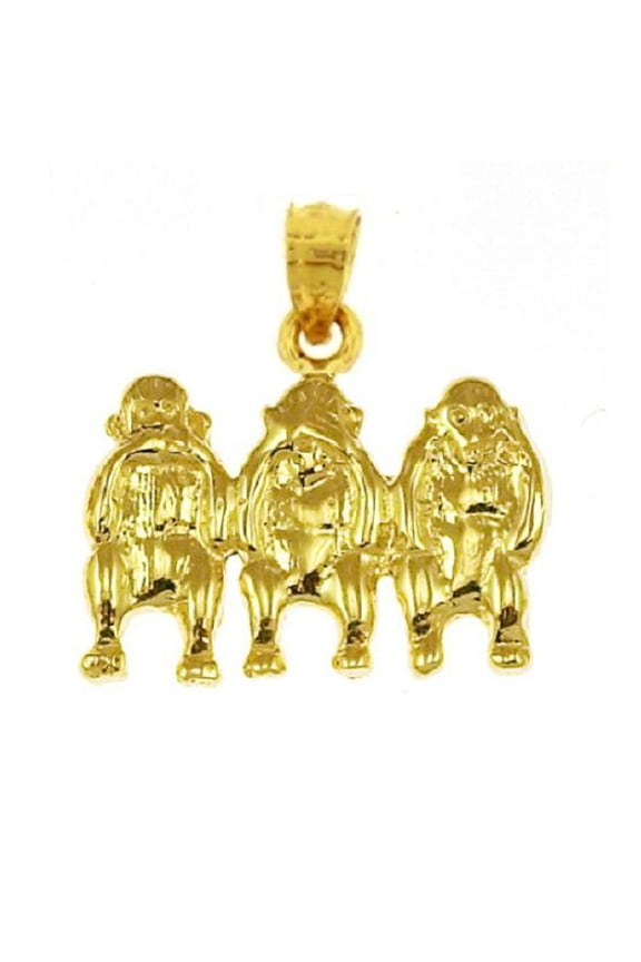 14k Yellow Gold Hear See Speak NO Evil Monkeys Pendant/Charm, Made in USA