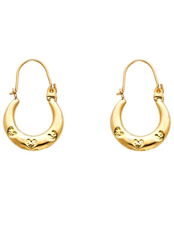 14k Yellow Gold Hear Stamped Hoop Hinge Clasp Love Promise Earrings Jewelry Female Unisex