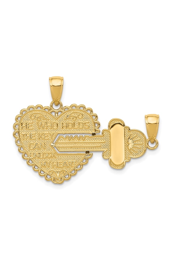 14k Yellow Gold Heart and Key Pendant Necklace Set for Women, Romantic Love and Commitment Jewelry, Split Charm Design for Couples, Fine Anniversary Accessory