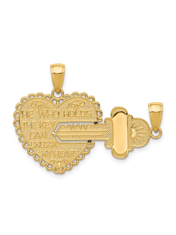 14k Yellow Gold Heart and Key Pendant Necklace Set for Women, Romantic Love and Commitment Jewelry, Split Charm Design for Couples, Fine Anniversary Accessory