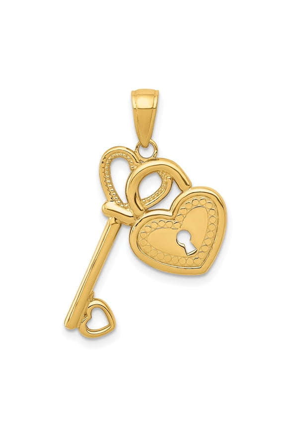 14k Yellow Gold Heart Lock and Key Pendant Charm, Polished Fine Jewelry for Women