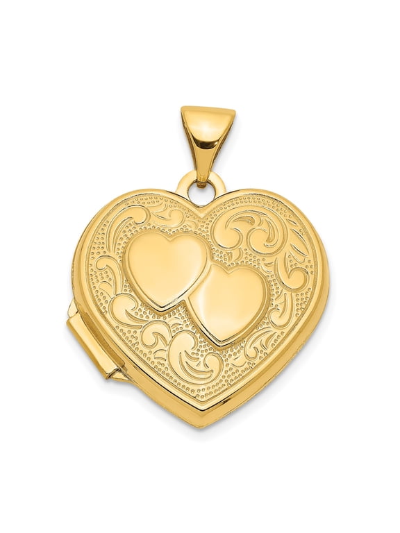 14k Yellow Gold Heart Locket Pendant for Women with Embossed Double Hearts, Scroll Design, Romantic Keepsake Jewelry for Photos, Symbol of Love and Connection