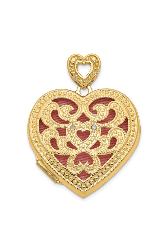 14k Yellow Gold Heart Locket Pendant for Women with Filigree Design, Red Enamel, Clear Stones, Romantic Love Symbol, Elegant Keepsake Photo Holder Jewelry