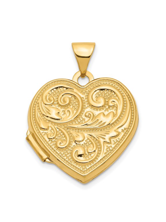 14k Yellow Gold Heart Locket Pendant for Women with Floral Scroll Design, Ornate Memory Keepsake Necklace, Symbol of Love, Classic Elegant Sentimental Jewelry