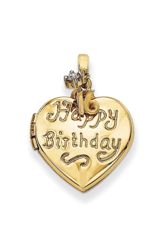 14k Yellow Gold Heart Locket Pendant for Women with Happy Birthday Engraving, 16 Charm and CZ Accent Stone, Sweet Sixteen Necklace, Sentimental Milestone Birthday Jewelry