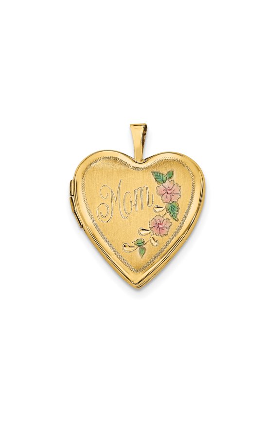 14K Yellow Gold Floral 'MOM' Heart Locket Pendant, 20mm Enameled Pink & Green