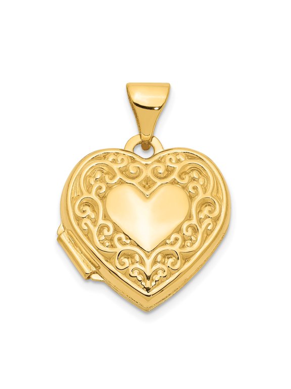 14k Yellow Gold Heart Locket Pendant for Women with Scroll Design and Polished Center, Romantic Keepsake Memory Jewelry, Sentimental Anniversary Necklace