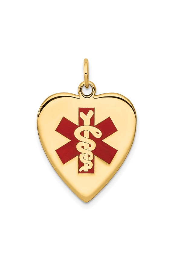 14k Yellow Gold Heart Medical Alert Pendant for Women with Red Star of Life, Caduceus Symbol, Emergency ID Necklace for Diabetes, Allergies, Everyday Wear
