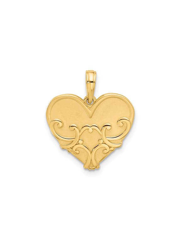 14k Yellow Gold Heart Pendant Charm with Scrollwork, Polished and Brushed Finish