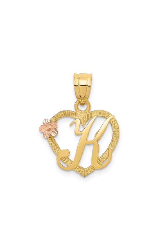 14k Yellow Gold Heart Pendant Necklace with Script K Initial and Rose Gold Flower Accent for Women, Dainty Monogram Jewelry Symbolizing Love and Individuality