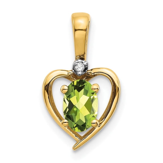 14k Yellow Gold Heart Pendant with Oval Peridot and White Accent Stone, Romantic Birthstone Necklace Charm for Women, Fine Jewelry Symbolizing Love and Affection