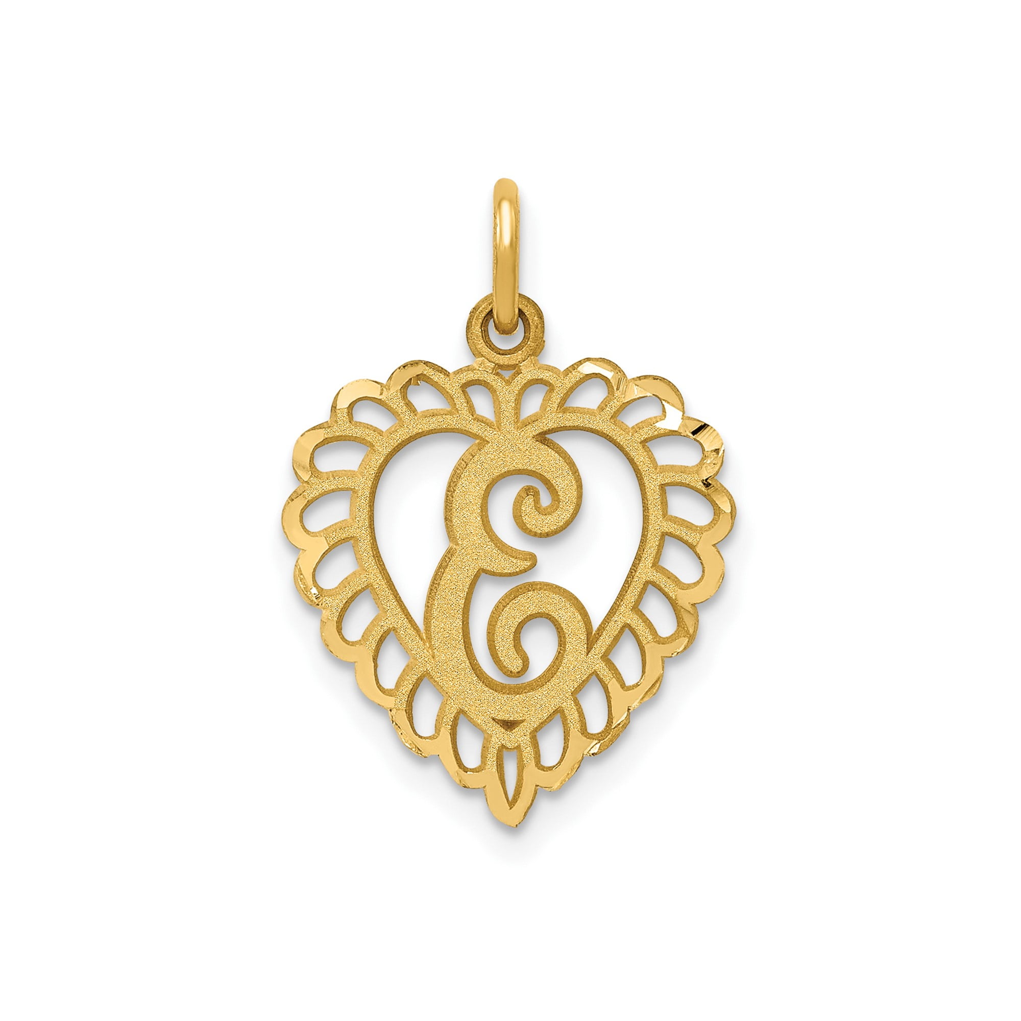 14k Yellow Gold Heart Pendant with Script E, Filigree Monogram Charm ...