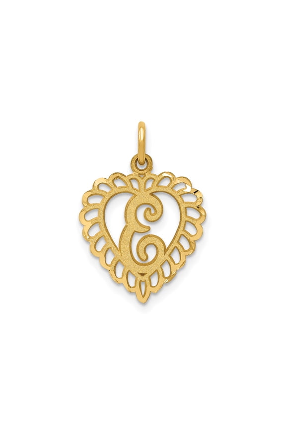 14k Yellow Gold Heart Pendant with Script E, Filigree Monogram Charm for Women, Dainty Initial Necklace, Personalized Alphabet Jewelry, Elegant Letter Design