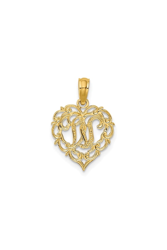 14k Yellow Gold Heart Pendant with Script M Initial, Filigree Monogram Charm for Women, Elegant Letter Necklace, Ornate Jewelry for Casual and Formal Wear