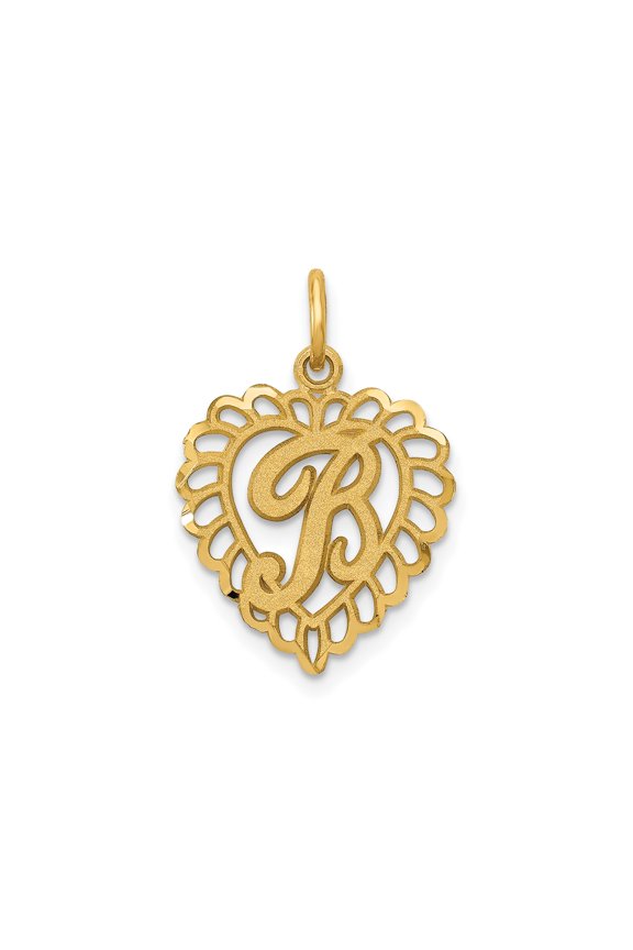 14k Yellow Gold Heart Pendant with Script R Initial, Scalloped Openwork Monogram Charm for Women, Personalized Fine Jewelry for Necklace or Custom Collection