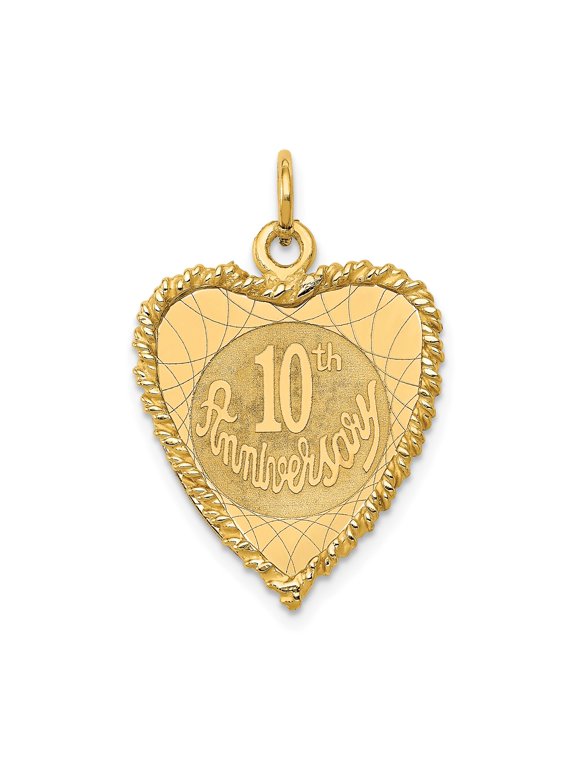 14k Yellow Gold Heart Pendant for Women with 10th Anniversary Engraving, Decorative Border, Romantic Jewelry Charm Symbolizing Love and Commitment, Solid Gold Keepsake Necklace