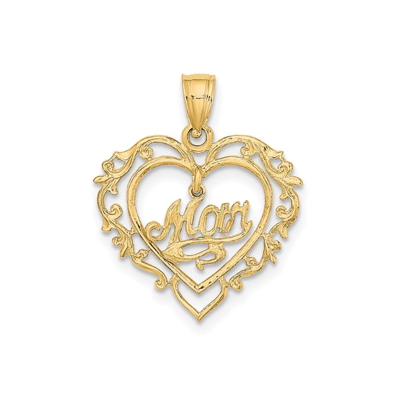 14k Yellow Gold Heart Pendant for Women with Mom Script, Floral Detailing, Sentimental Necklace Charm Symbolizing Love and Family, Ornate Real Gold Jewelry Keepsake