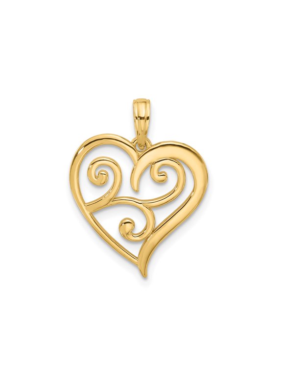 14k Yellow Gold Heart Pendant for Women with Open Scroll Swirl Design, Polished Romantic Symbol Jewelry, Elegant Fine Necklace Charm for Anniversary or Love