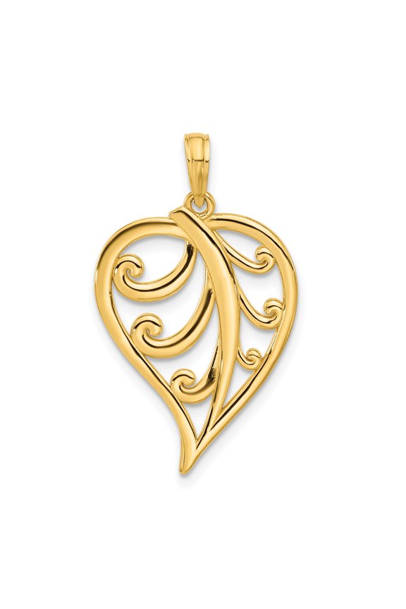14k Yellow Gold Openwork Scroll Heart Pendant Charm, Polished Jewelry for Women