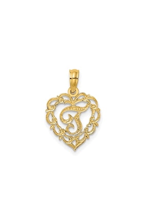 14k Yellow Gold Heart Pendant with Filigree Script T, Personalized Initial Charm Necklace for Women, Monogram Alphabet Jewelry, Dainty Gold Accessory