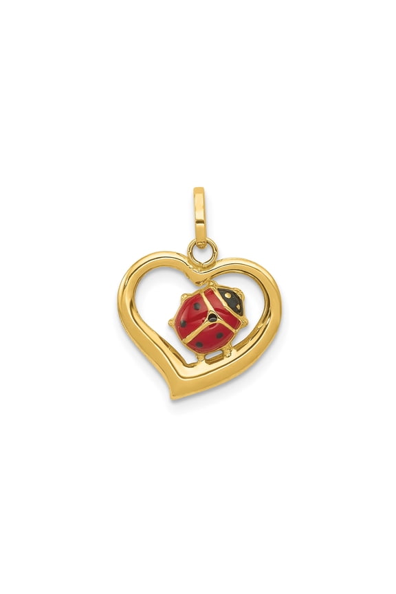14k Yellow Gold Heart Pendant with Red and Black Enamel Ladybug, Lucky Insect Necklace for Women, Nature Symbol Jewelry for Love and Protection