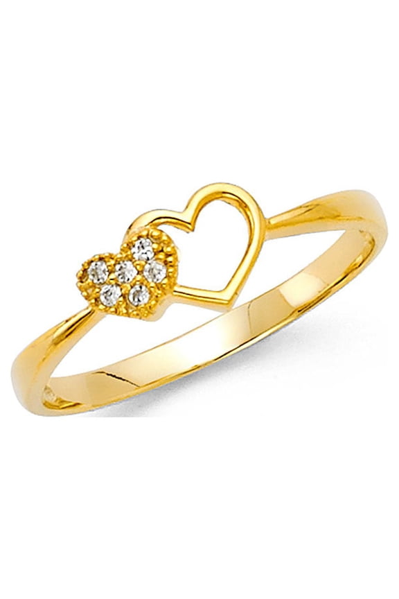 14k Yellow Gold Heart Ring CZ Two Hearts Together Love Band Right Hand Promise Ring Fancy Size 7