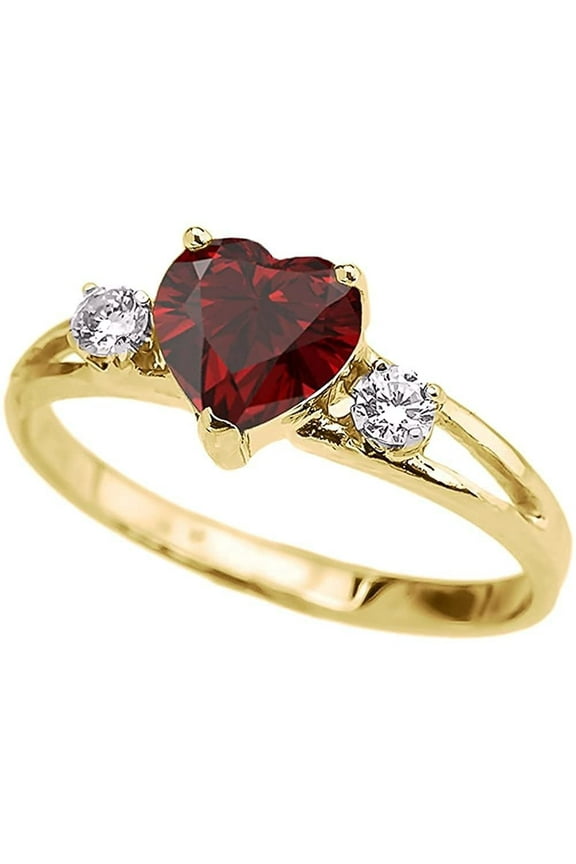 14k Yellow Gold Heart Shape Garnet & White Topaz Split Shank Three Stone Ring - Size 10