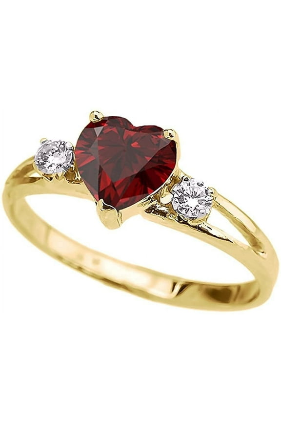14k Yellow Gold Heart Shape Garnet & White Topaz Split Shank Three Stone Ring - Size 8-3/4
