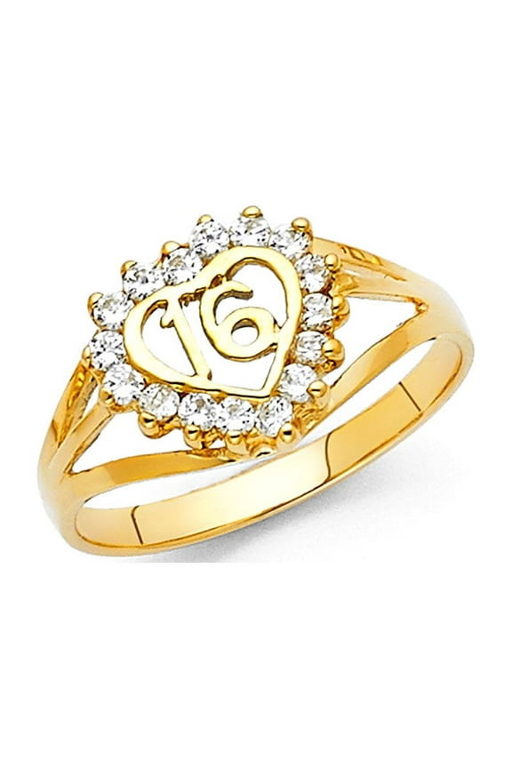 14k Yellow Gold Heart Sweet 16 Ring Birthday Band CZ Stylish Design Polished Finish Fancy Size 7